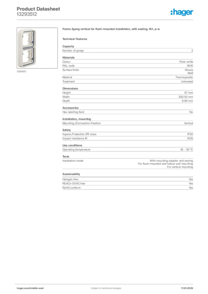 Image Hager Product data sheet 13293512  | Hager
