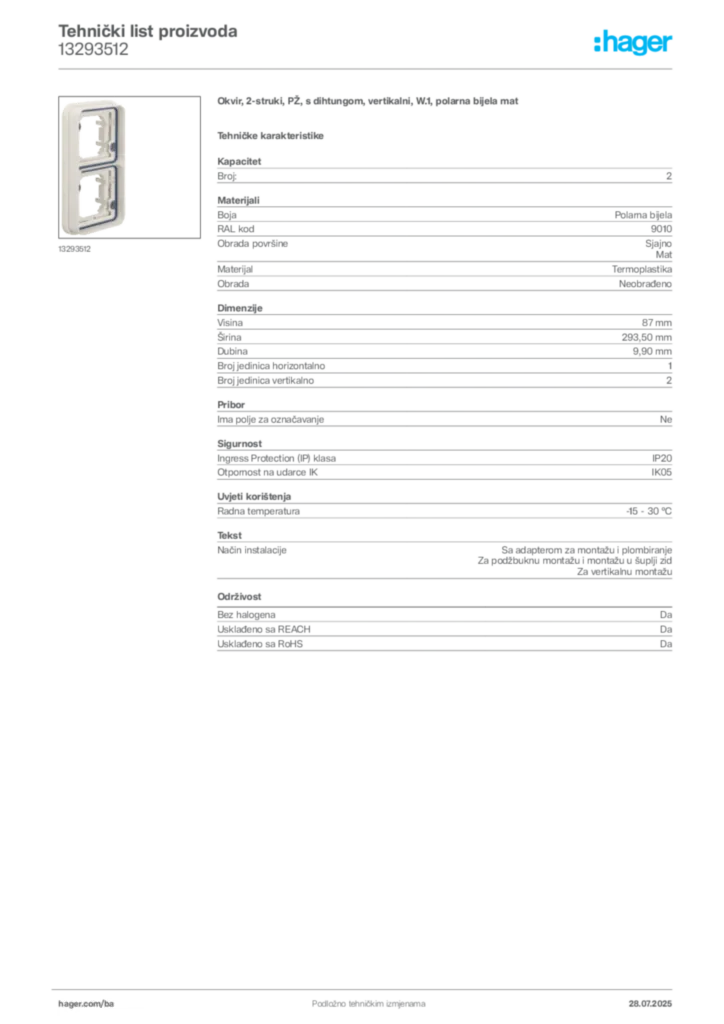 Slika Hager Product data sheet 13293512  | Hager