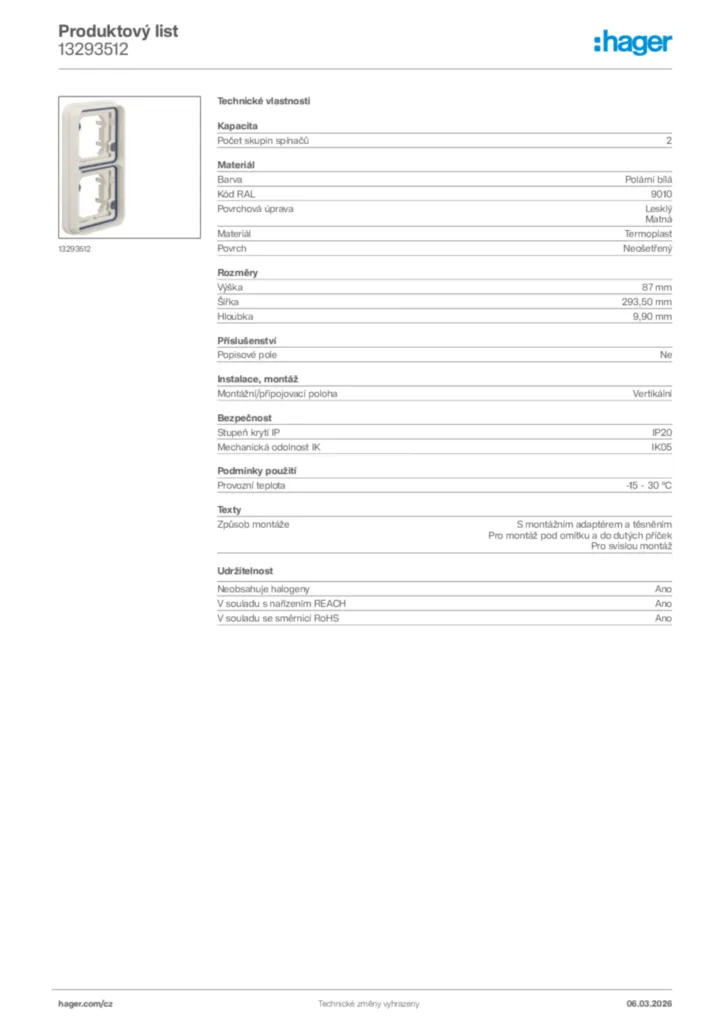 Obrázek Hager Product data sheet 13293512 | Hager