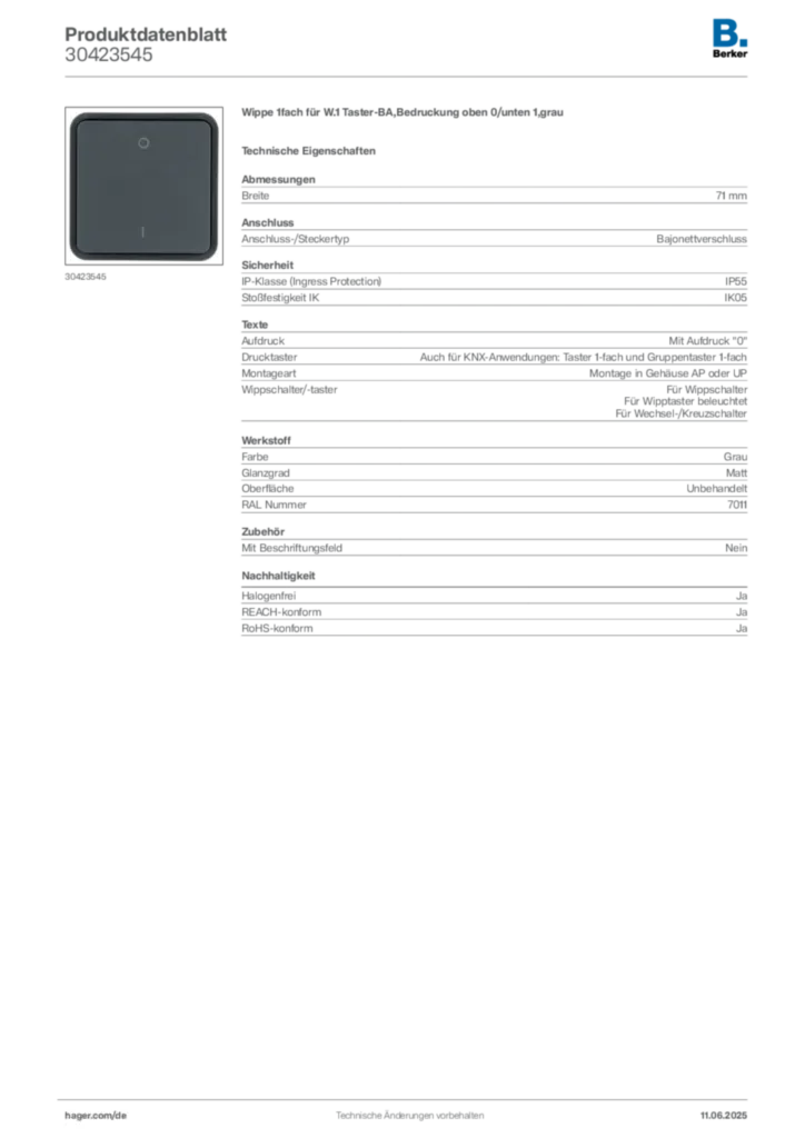 Bild Berker Produktdatenblatt 30423545 | Hager Deutschland