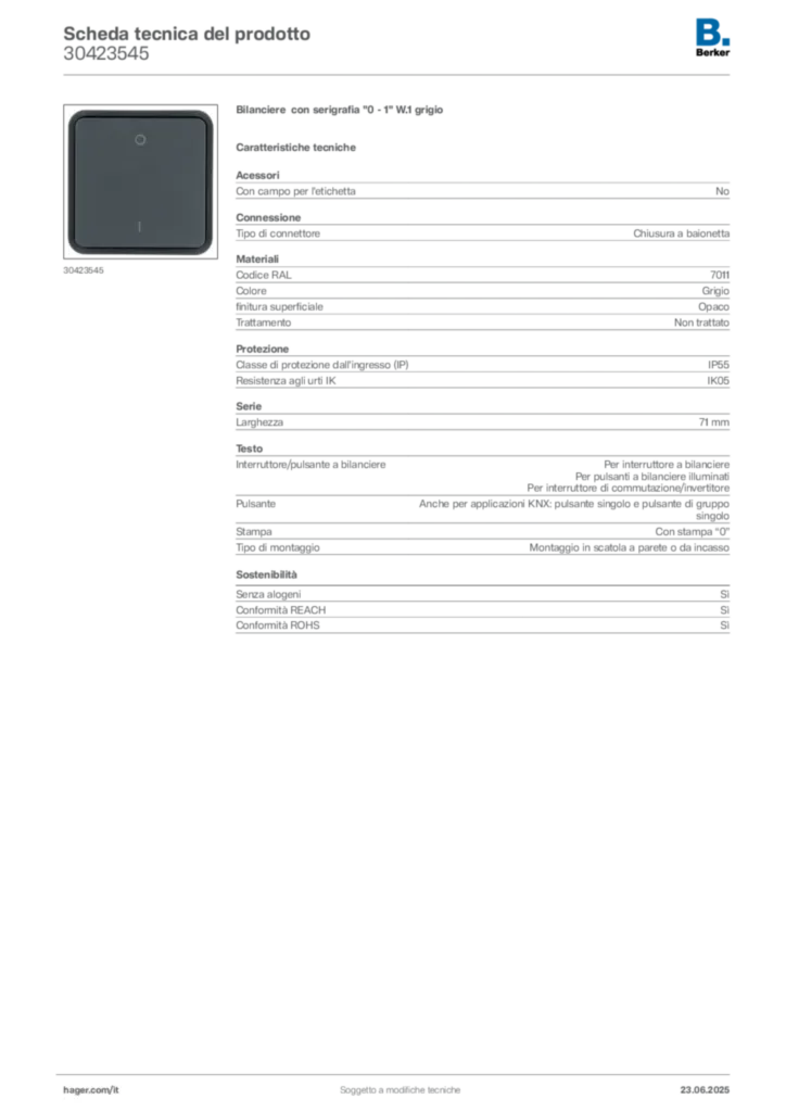 Immagine Berker Scheda tecnica del prodotto 30423545 | Hager Italia
