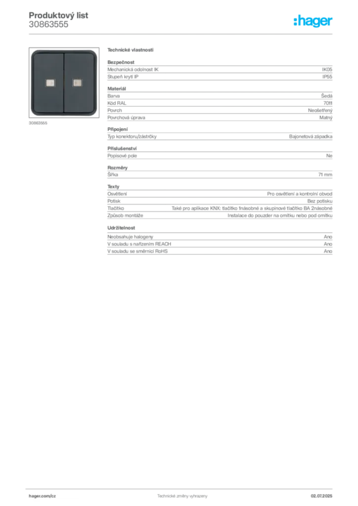 Obrázek Hager Produktový list 30863555 | Hager