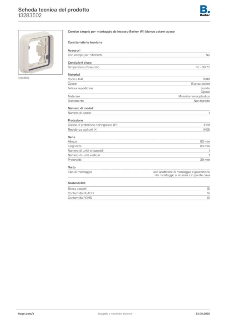 Immagine Berker Scheda tecnica del prodotto 13283502 | Hager Italia