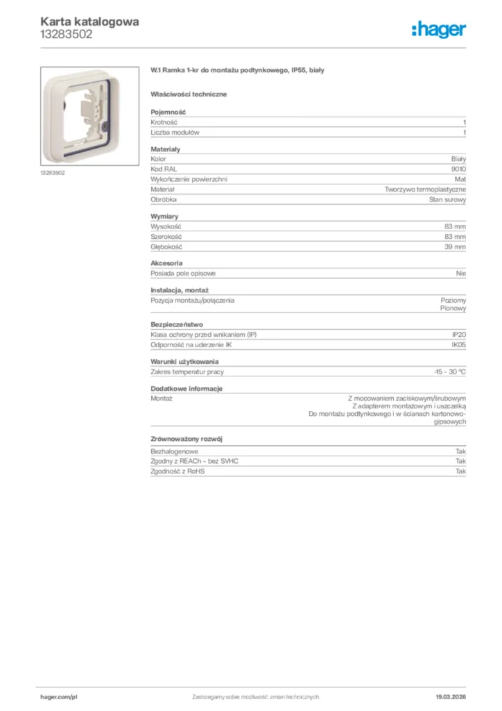 Zdjęcie Hager Karta katalogowa 13283502 | Hager Polska