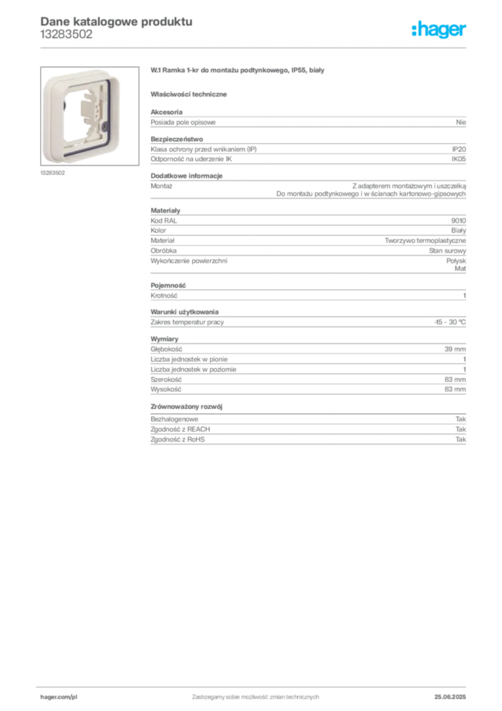 Zdjęcie Hager Dane katalogowe produktu 13283502 | Hager Polska