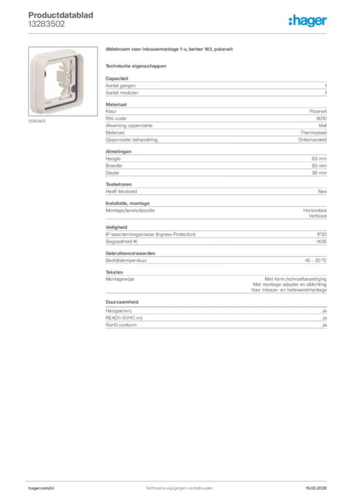 Afbeelding Hager Productdatablad 13283502 | Hager Nederland