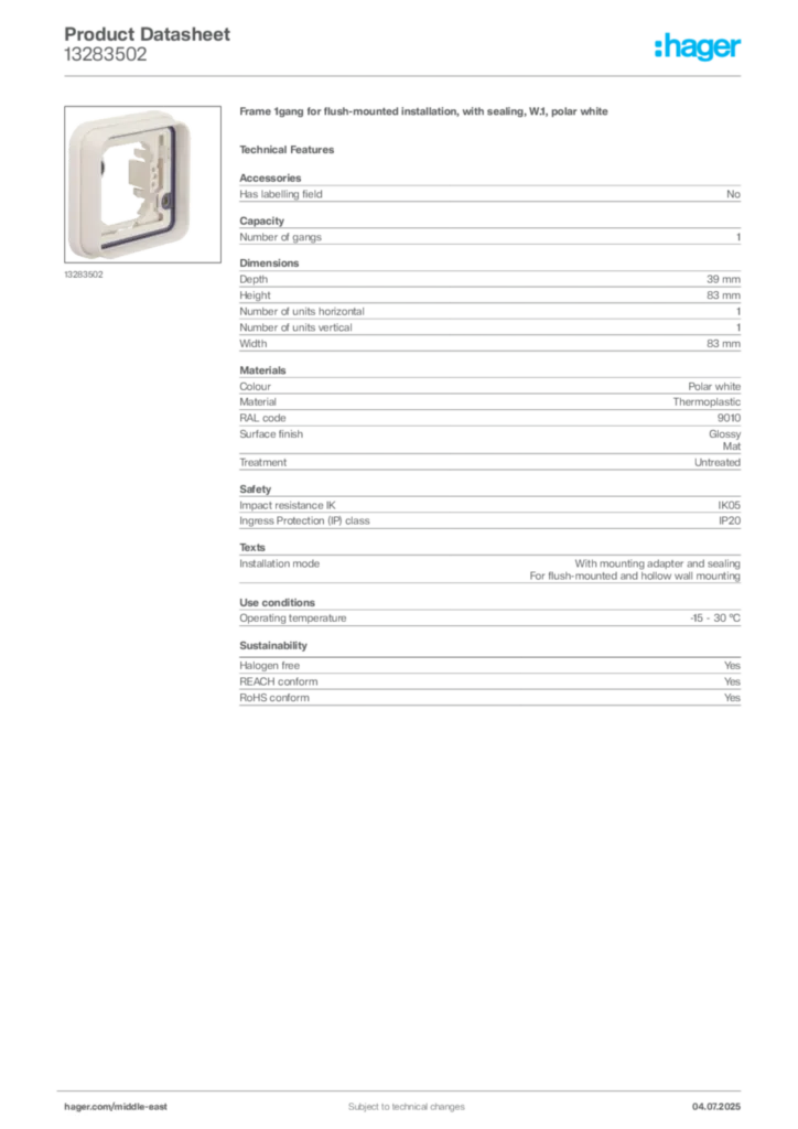 Image Hager Product data sheet 13283502  | Hager