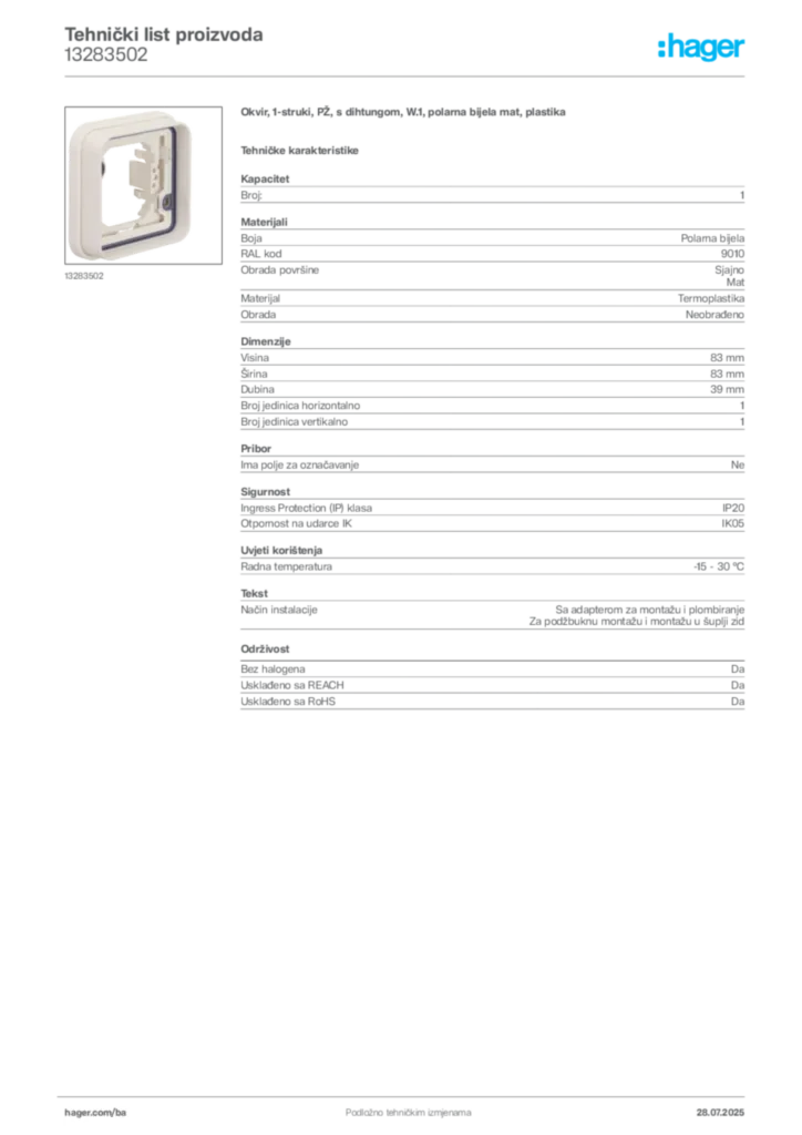 Slika Hager Product data sheet 13283502  | Hager