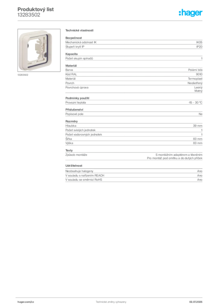 Obrázek Hager Produktový list 13283502 | Hager