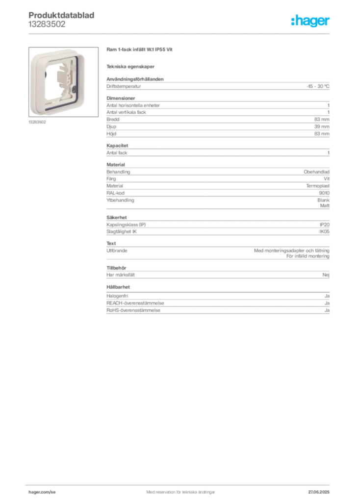 Bild Hager Produktdatablad 13283502 | Hager Sverige