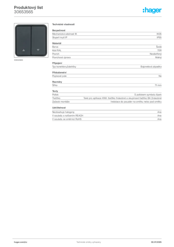 Obrázek Hager Produktový list 30653565 | Hager