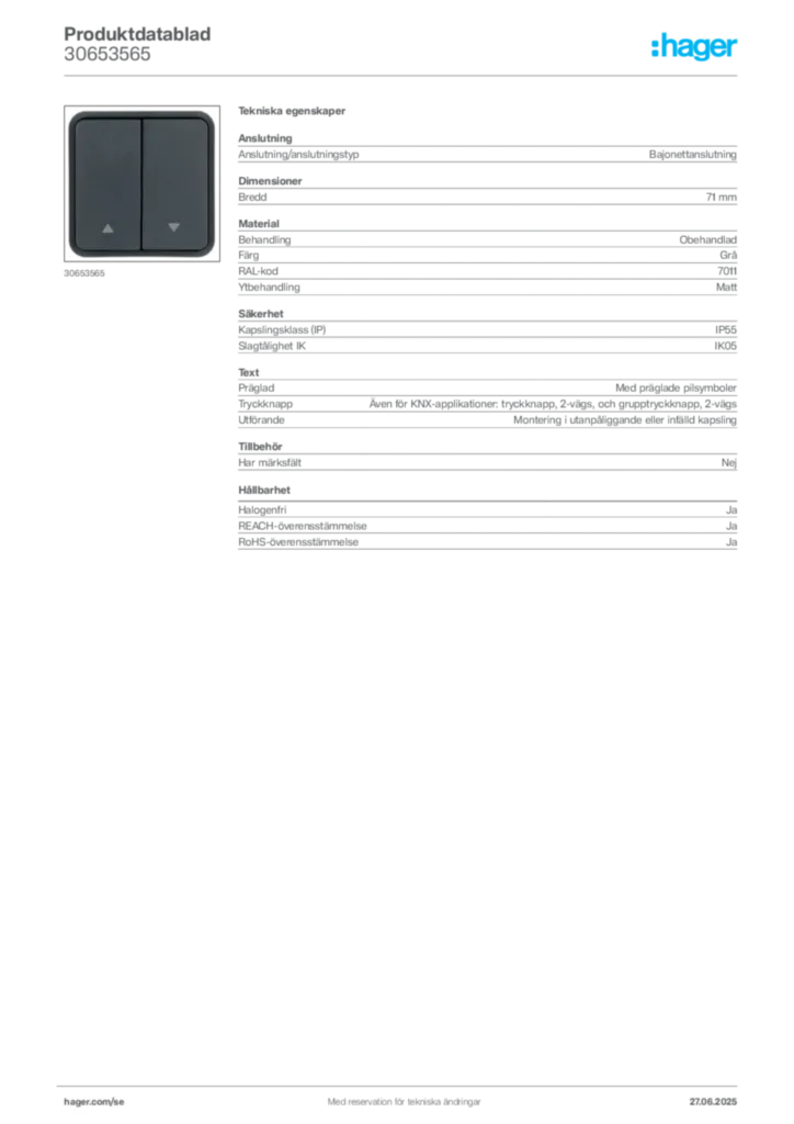 Bild Hager Produktdatablad 30653565 | Hager Sverige