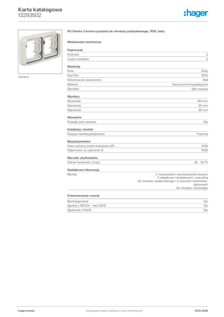 Zdjęcie Hager Karta katalogowa 13293502 | Hager Polska