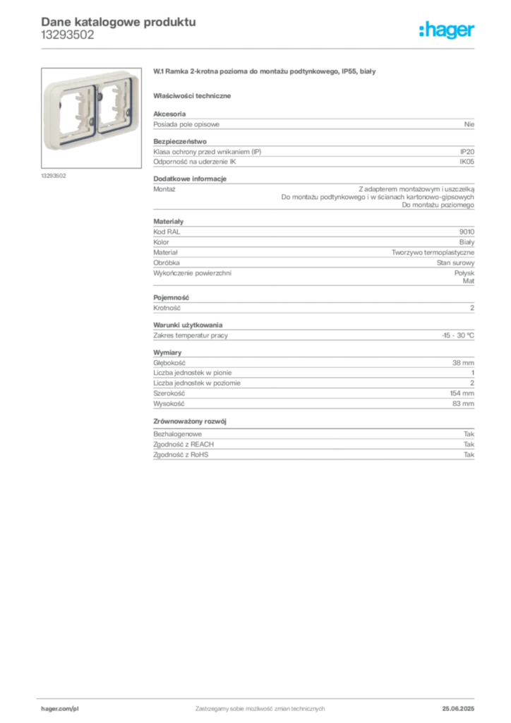 Zdjęcie Hager Dane katalogowe produktu 13293502 | Hager Polska