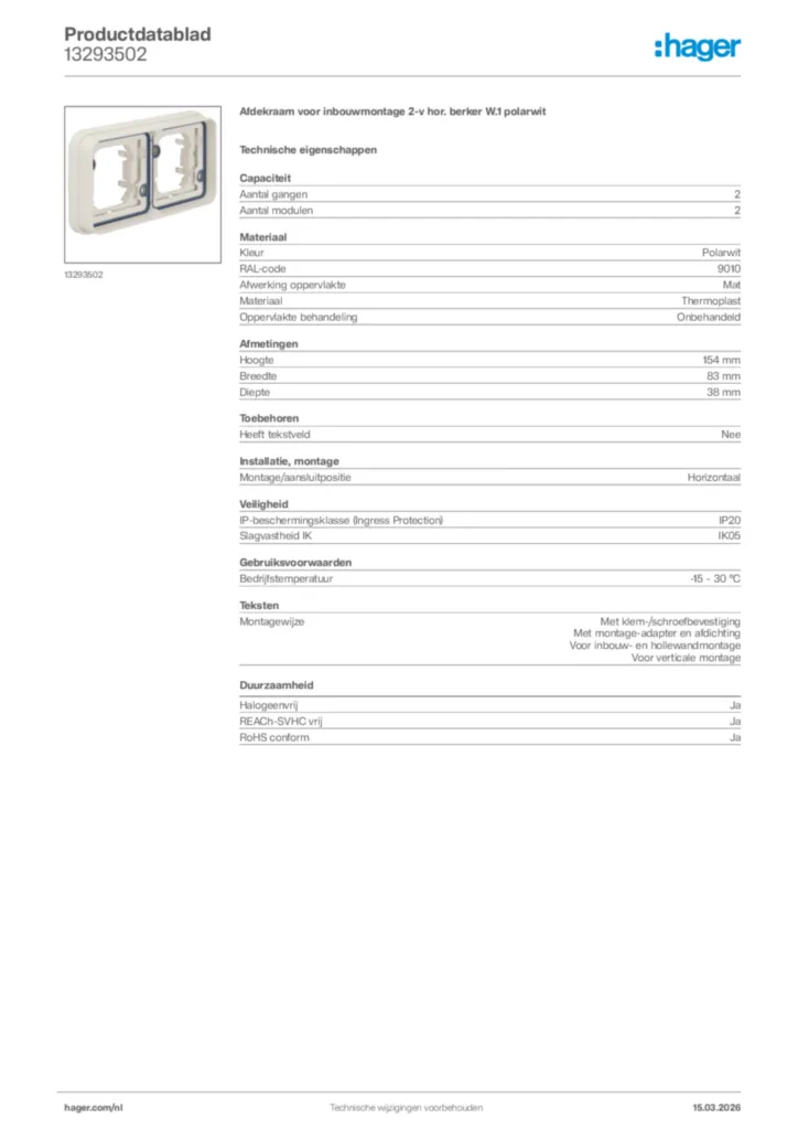 Afbeelding Hager Productdatablad 13293502 | Hager Nederland