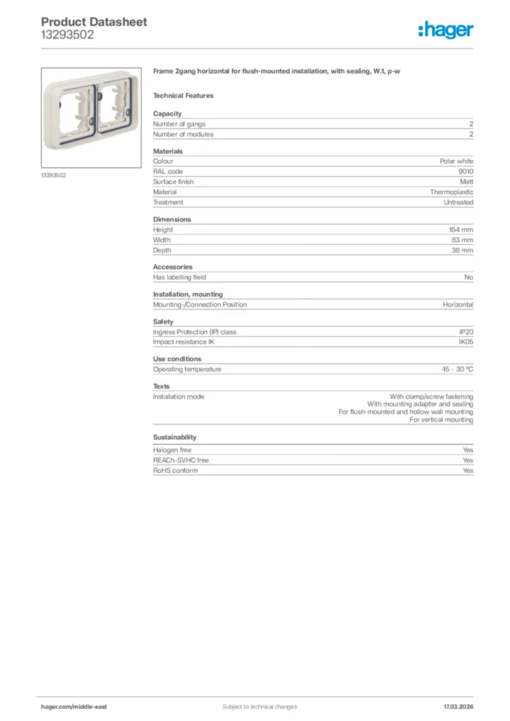 Image Hager Product data sheet 13293502  | Hager