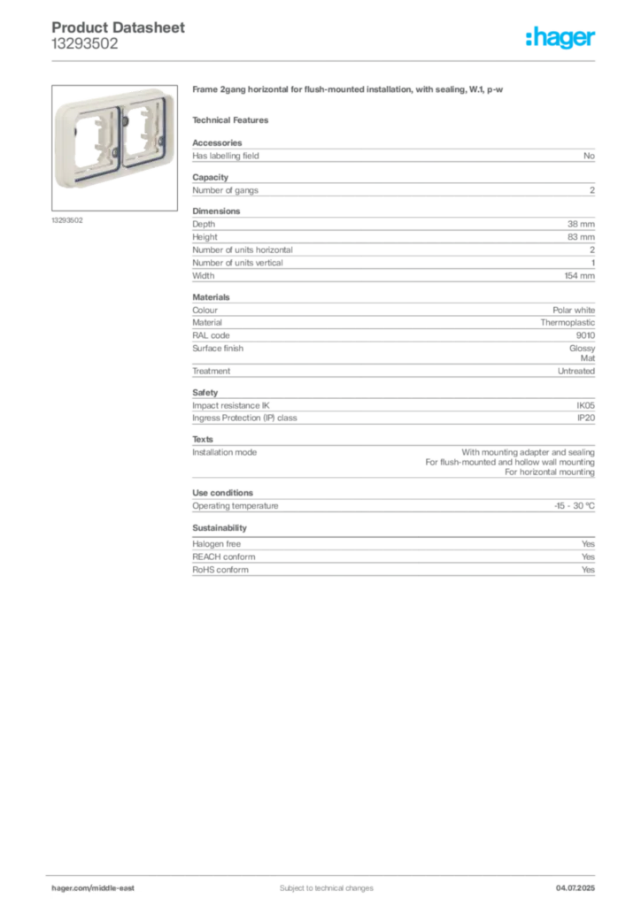 Image Hager Product data sheet 13293502  | Hager