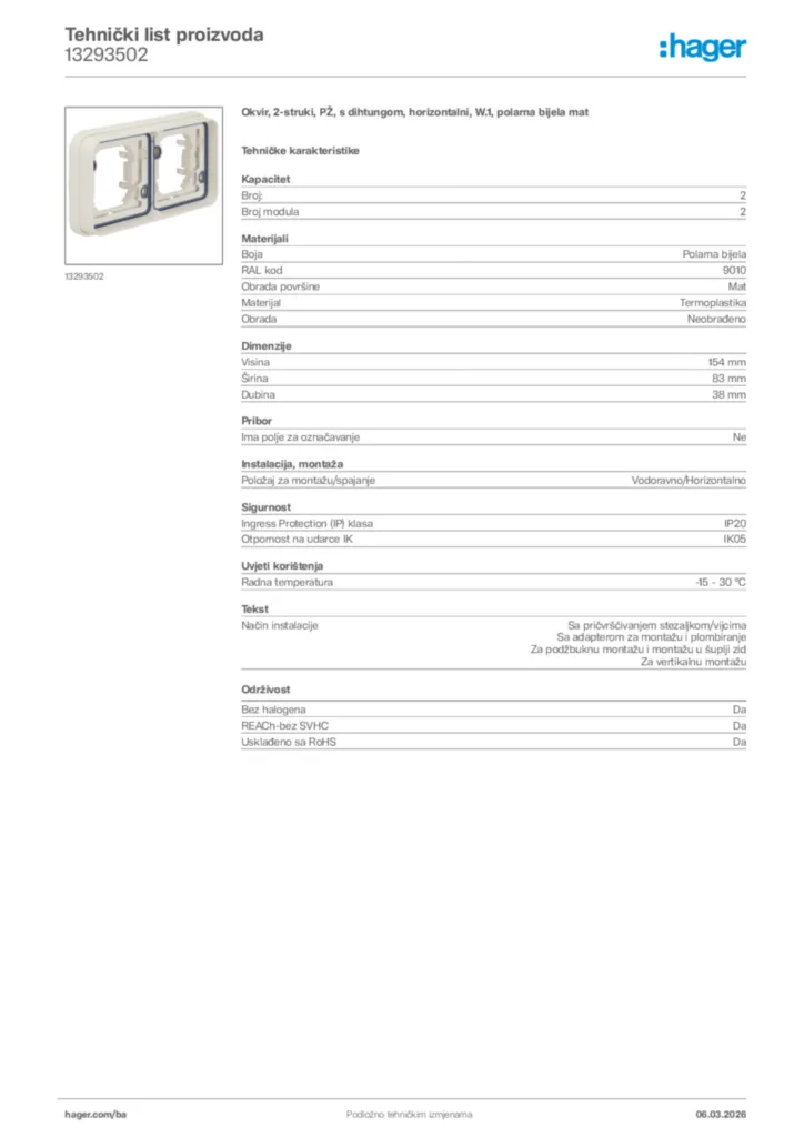 Slika Hager Tehnički list proizvoda 13293502  | Hager