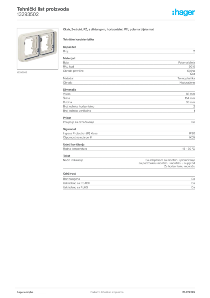 Slika Hager Product data sheet 13293502  | Hager
