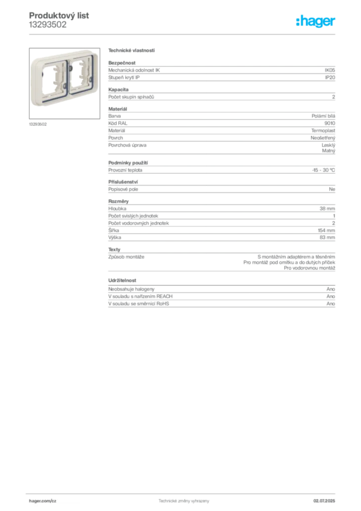 Obrázek Hager Produktový list 13293502 | Hager