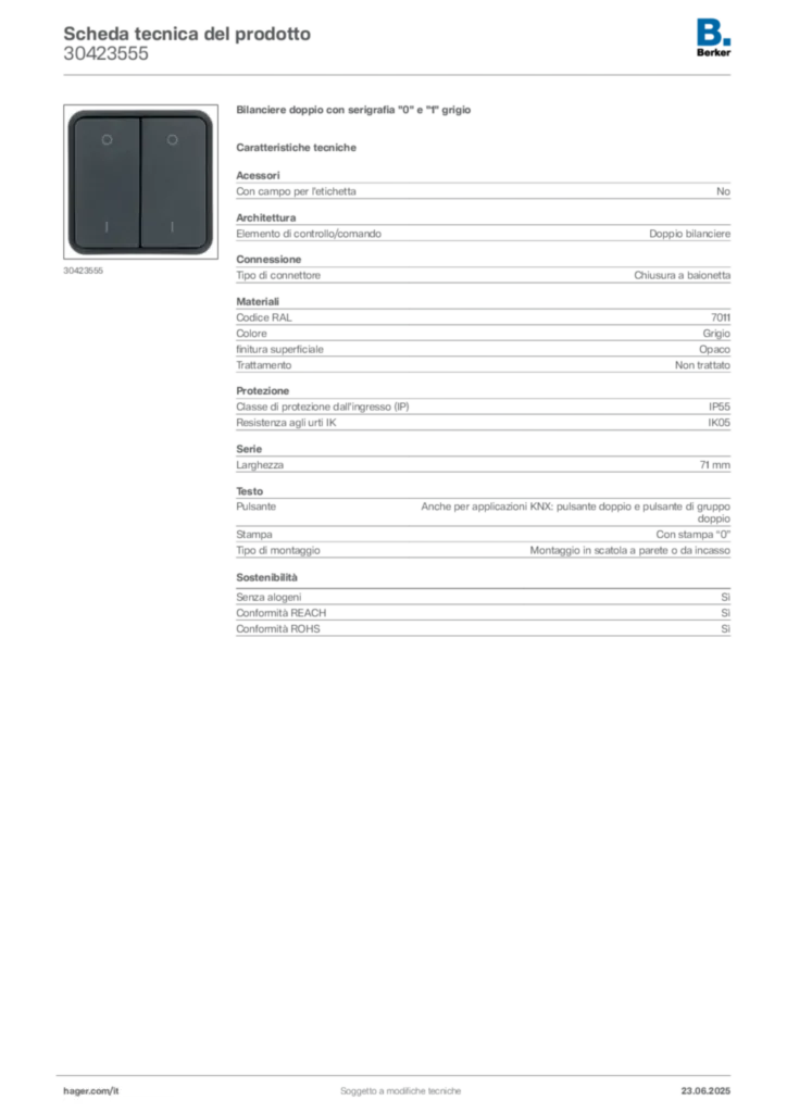 Immagine Berker Scheda tecnica del prodotto 30423555 | Hager Italia