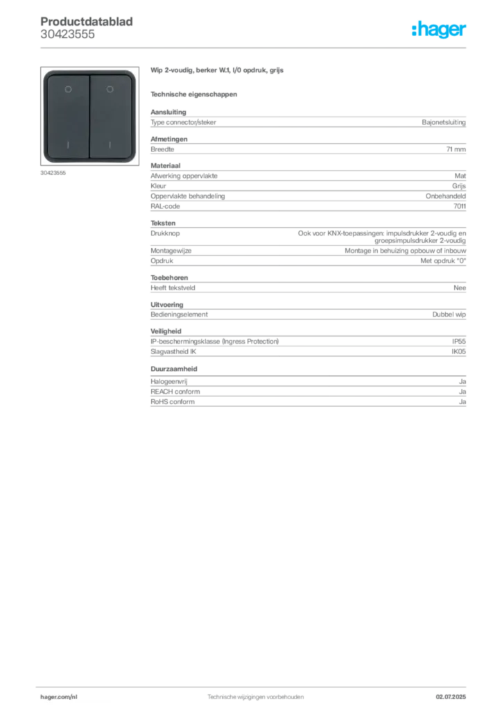 Afbeelding Hager Productdatablad 30423555 | Hager Nederland