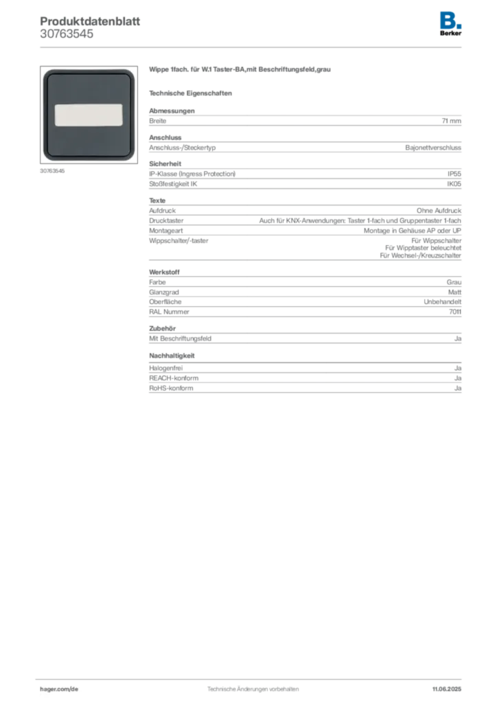 Bild Berker Produktdatenblatt 30763545 | Hager Deutschland