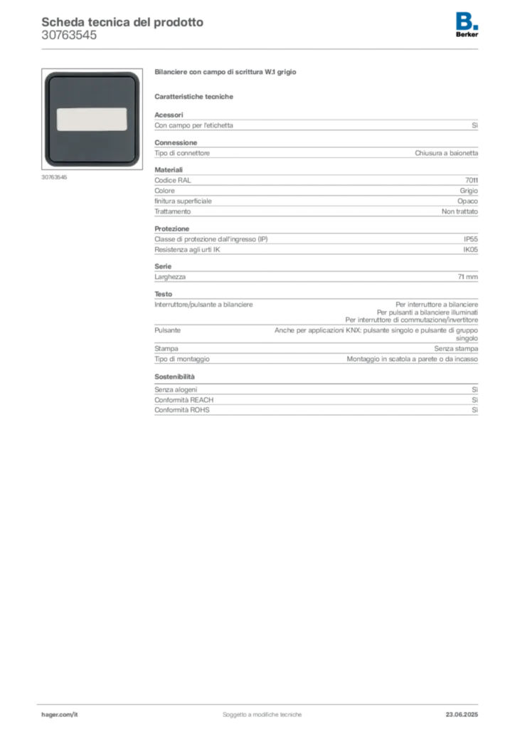 Immagine Berker Scheda tecnica del prodotto 30763545 | Hager Italia