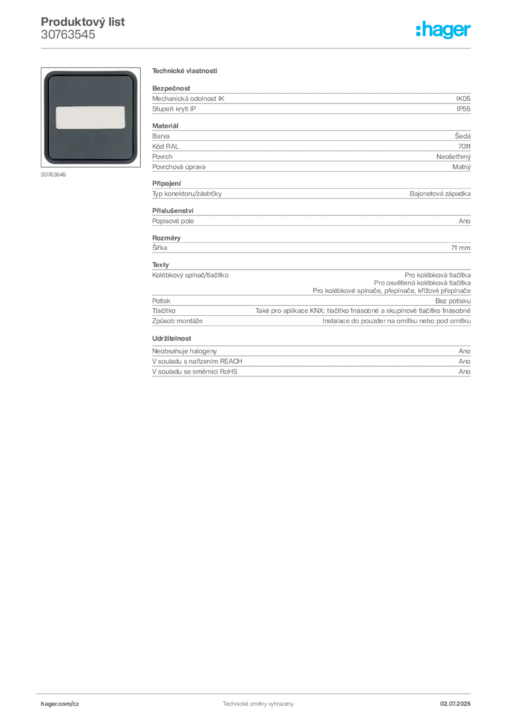 Obrázek Hager Produktový list 30763545 | Hager