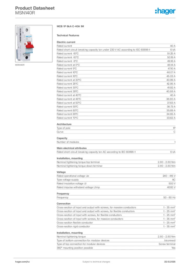 Image Hager Product data sheet MSN140R  | Hager New Zealand
