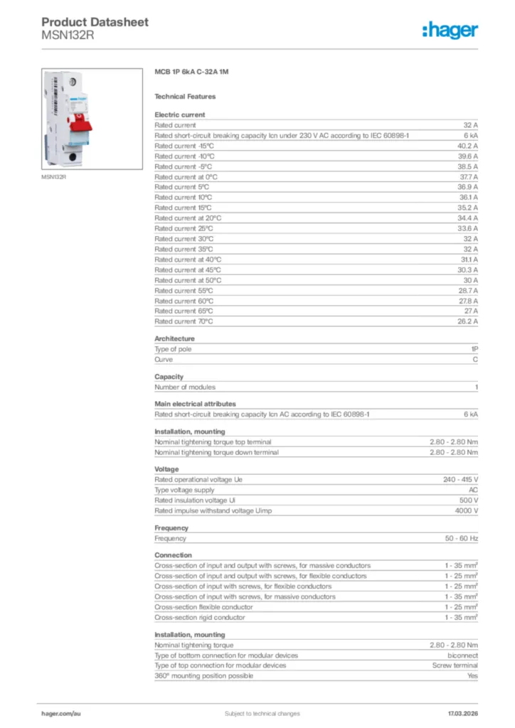 Image Hager Product data sheet MSN132R  | Hager Australia