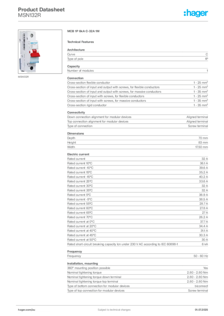 Image Hager Product data sheet MSN132R  | Hager Australia