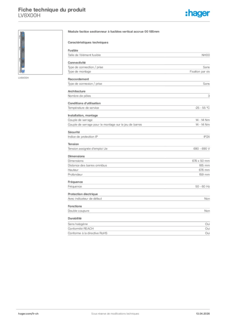 Image Hager Fiche technique du produit LV8X00H | Hager Suisse