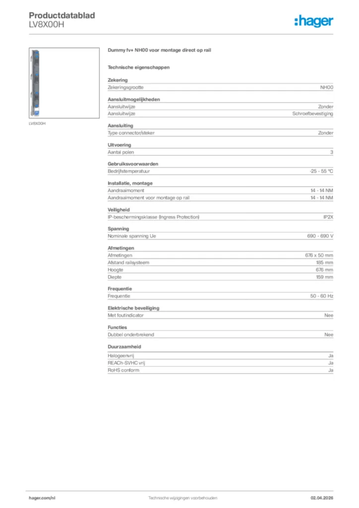 Afbeelding Hager Productdatablad LV8X00H | Hager Nederland