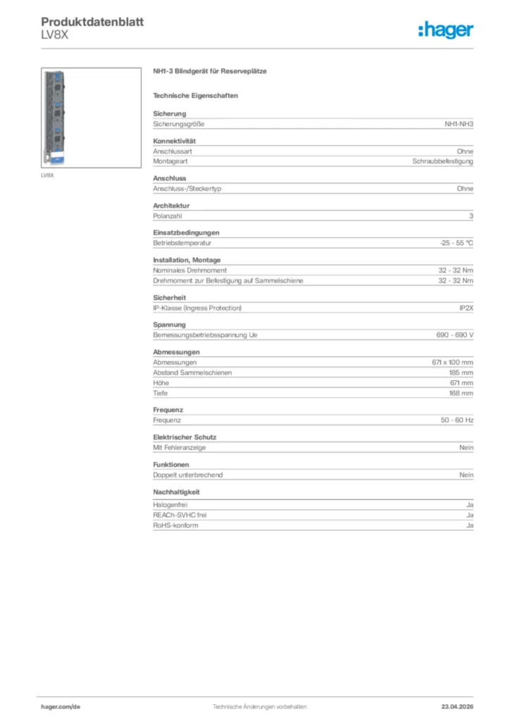 Bild Hager Produktdatenblatt LV8X | Hager Deutschland