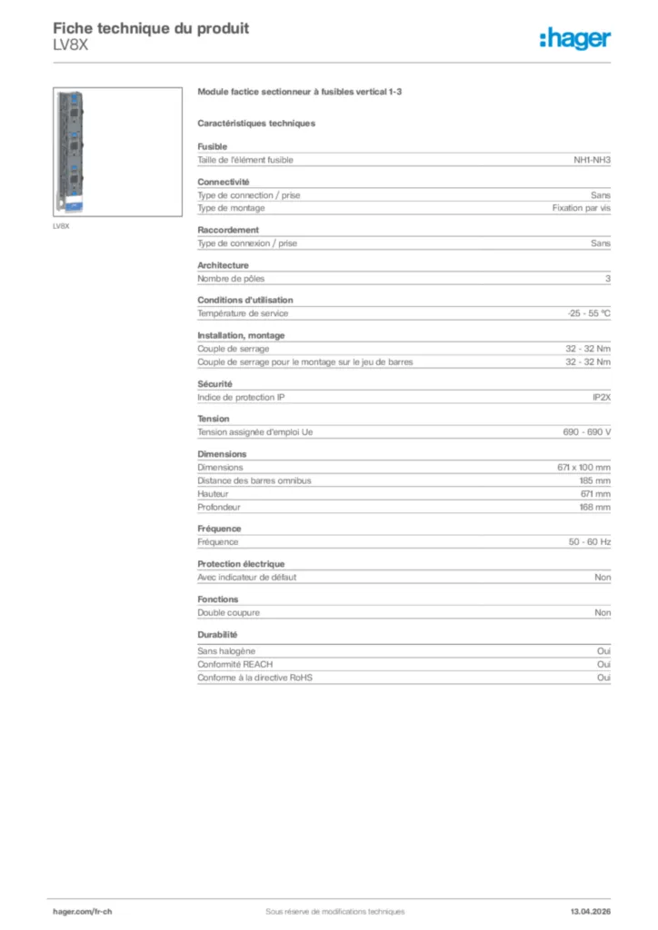 Image Hager Fiche technique du produit LV8X | Hager Suisse