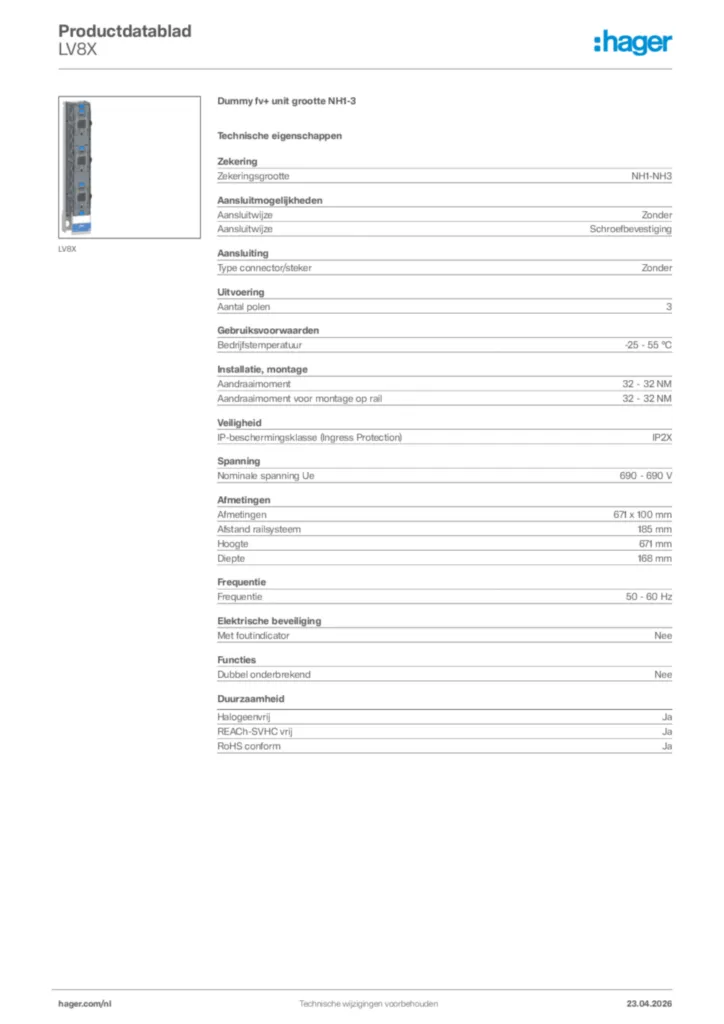 Afbeelding Hager Productdatablad LV8X | Hager Nederland