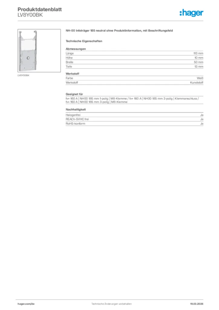 Bild Hager Produktdatenblatt LV8Y00BK | Hager Deutschland