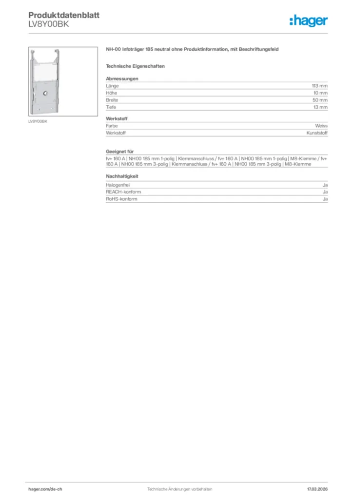 Bild Hager Produktdatenblatt LV8Y00BK | Hager Schweiz