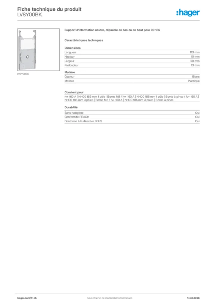 Image Hager Fiche technique du produit LV8Y00BK | Hager Suisse