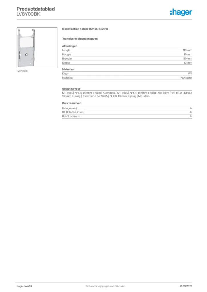 Afbeelding Hager Productdatablad LV8Y00BK | Hager Nederland