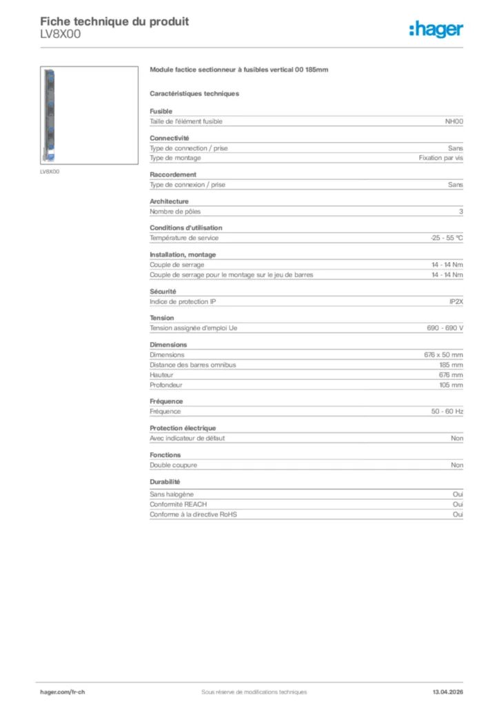 Image Hager Fiche technique du produit LV8X00 | Hager Suisse