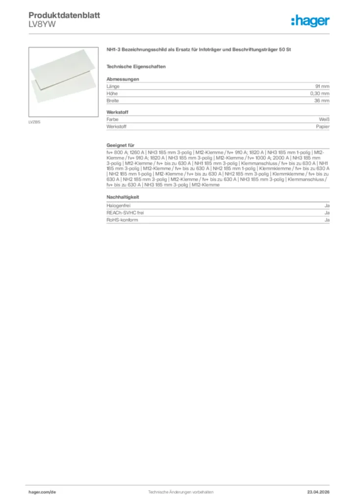 Bild Hager Produktdatenblatt LV8YW | Hager Deutschland