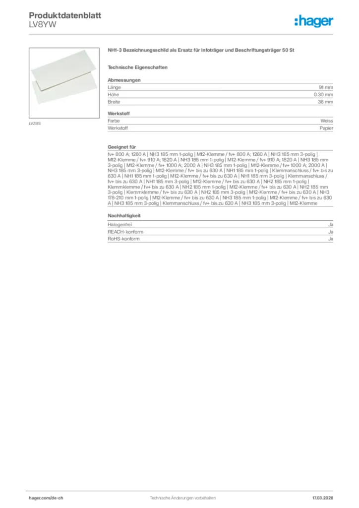 Bild Hager Produktdatenblatt LV8YW | Hager Schweiz