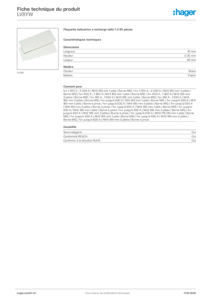 Image Hager Fiche technique du produit LV8YW | Hager Suisse