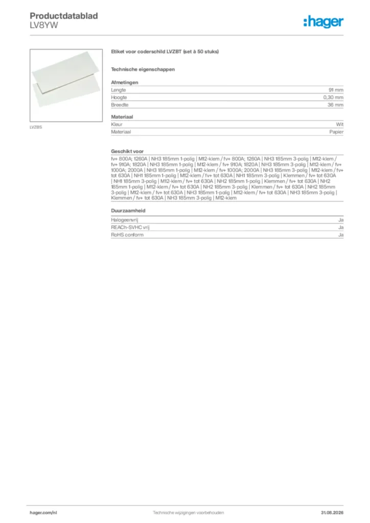 Afbeelding Hager Productdatablad LV8YW | Hager Nederland