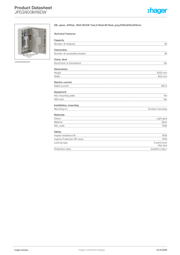 Image Hager Product data sheet JPD2400M16DW  | Hager Australia