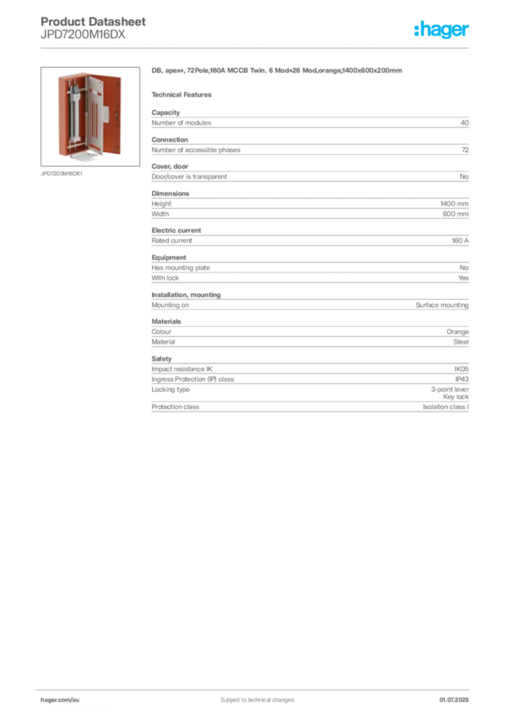 Image Hager Product data sheet JPD7200M16DX  | Hager Australia