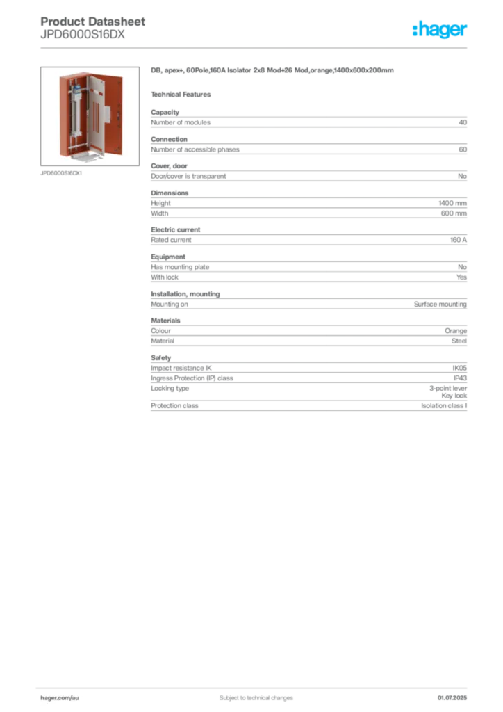 Image Hager Product data sheet JPD6000S16DX  | Hager Australia