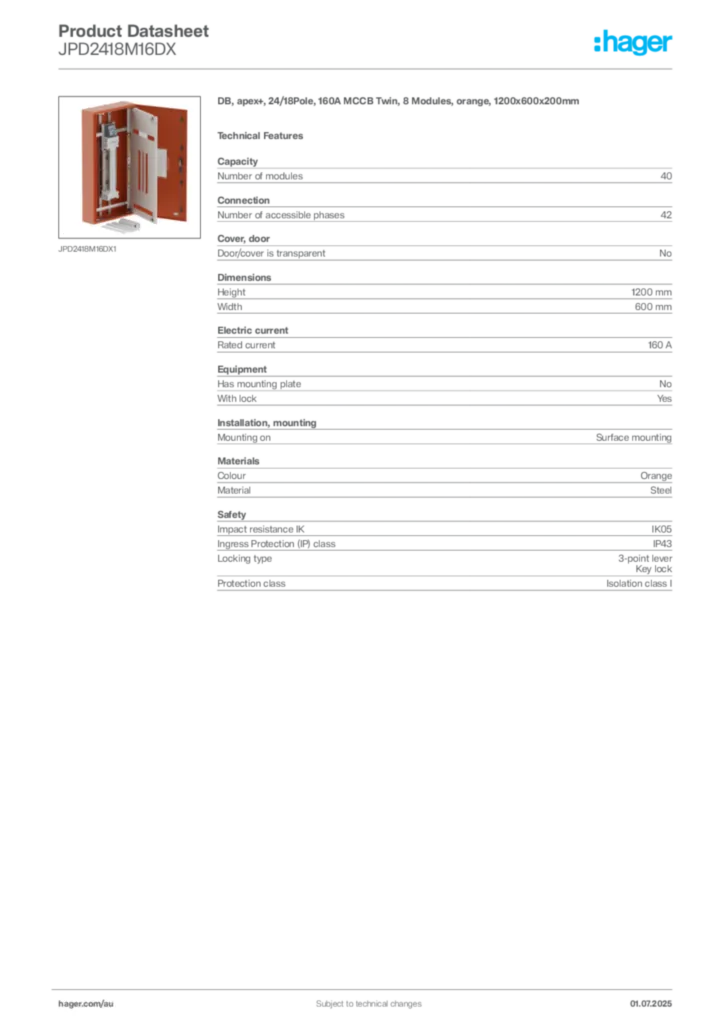 Image Hager Product data sheet JPD2418M16DX  | Hager Australia